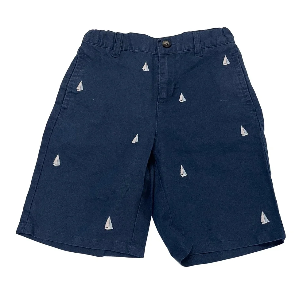 Janie and Jack Boys Navy Blue Sailboat Embroidered Linen Blend Shorts Size 8